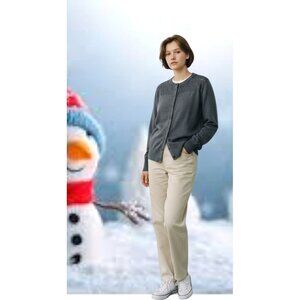 VTG Eddie Bauer Cardigan Medium Sweater Charcoal Gray Front Button Crochet READ